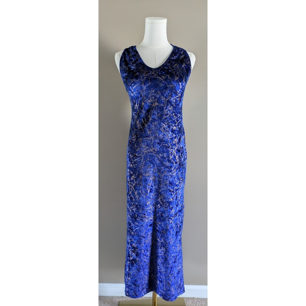 Vintage Frederick's of Hollywood Royal Blue Gold Metallic Velvet Maxi Dress